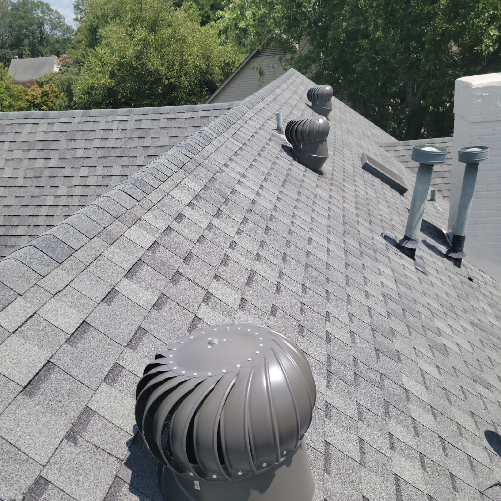 Shingle roof with a turbine vent and capped chimney